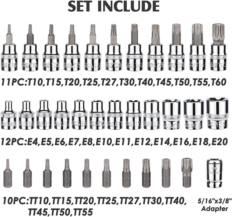 34/29 Pieces Torx Bit Socket and E-Torx Star Socket Set 1/4" 3/8" 1/2"
