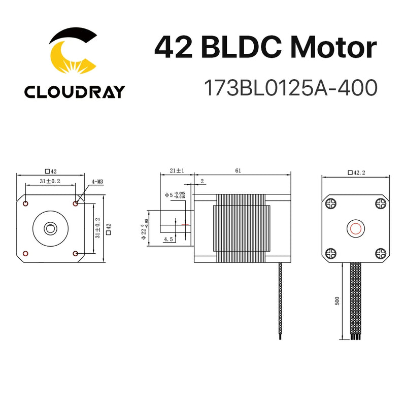 Motor Sin Escobillas Cloudray Nema17 52W 42mm Trifásico 4000Rpm 24VDC Cuadrado 