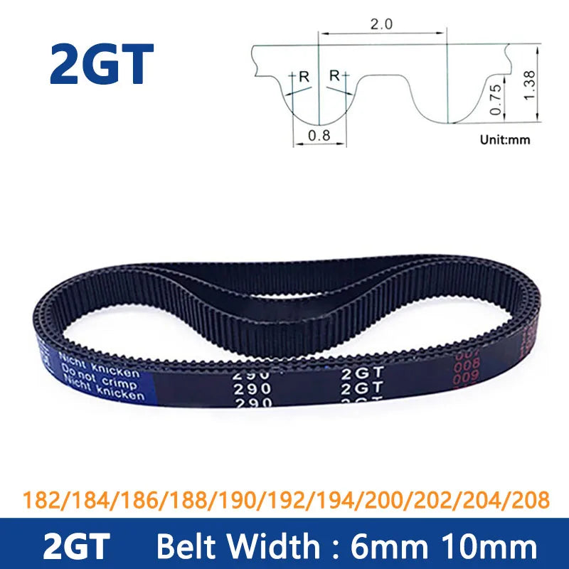 GT2 2GT Rubber Closed Loop Timing Belt 182-208 mm, 6/10 mm