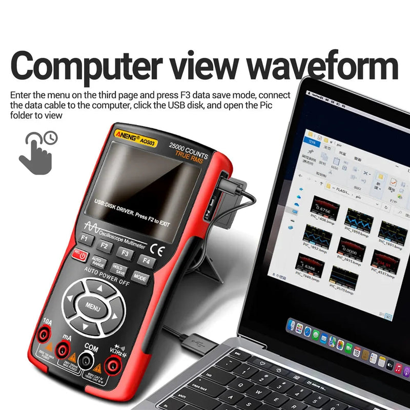 AOS03 Handheld Oscilloscope Multimeter – 2 Channels, 50MHz Bandwidth, up to 280MS/s, 250,000 wfm/s, 128KB Record, 3-in-1 Scope + Multimeter + Signal Generator