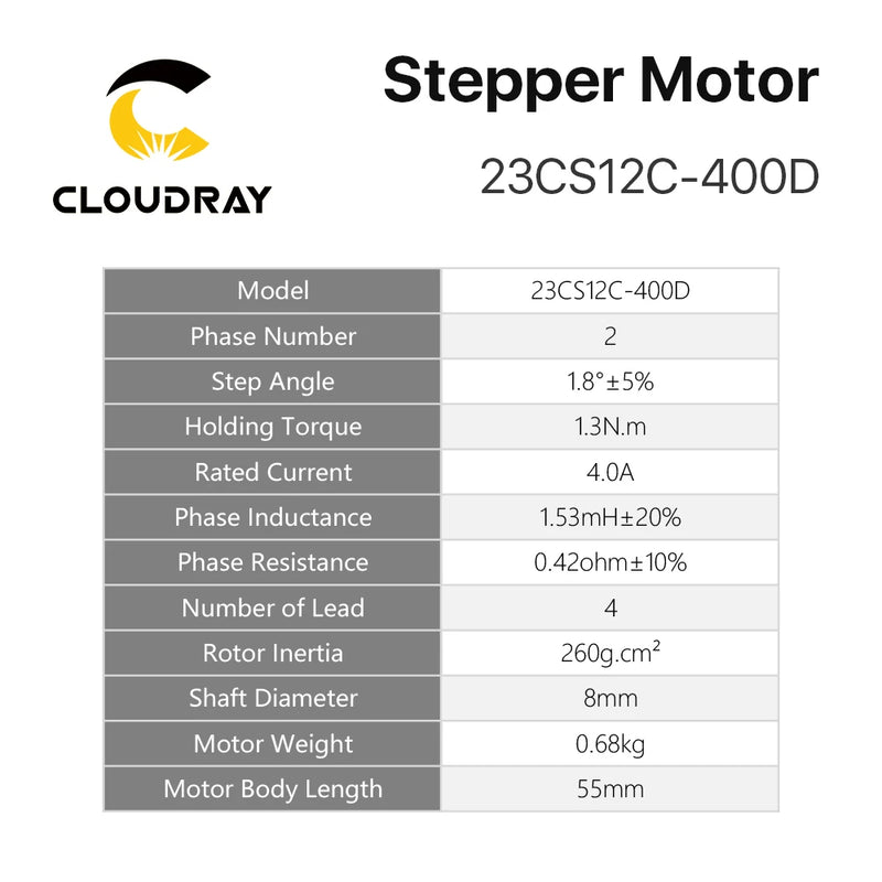 Motor paso a paso Nema 23 de Cloudray, 55 mm, 1,3 Nm, 4,0 A, doble eje, 2 fases 
