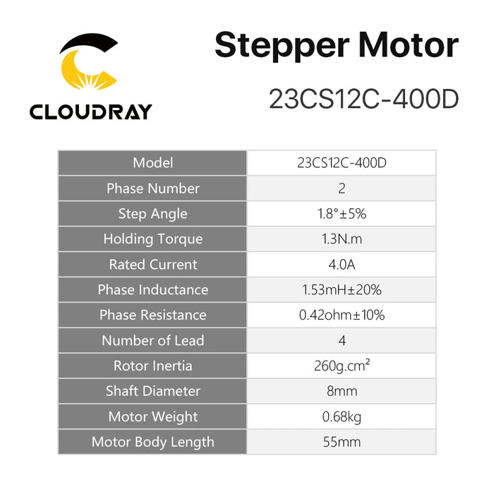 Cloudray Nema 23 Stepper Motor – 1.3N.m, 4.0A, Double Shaft, 2 Phase