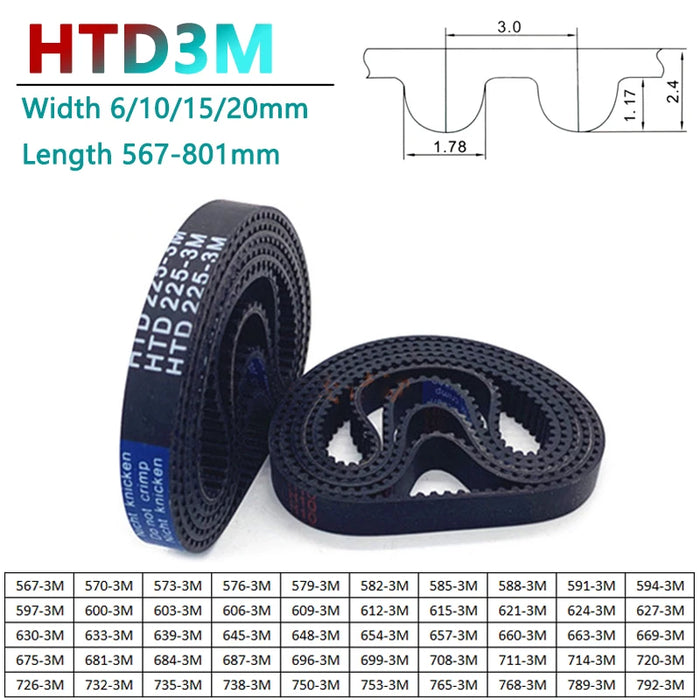 HTD3M Synchronous Timing Belt Length 567-801mm