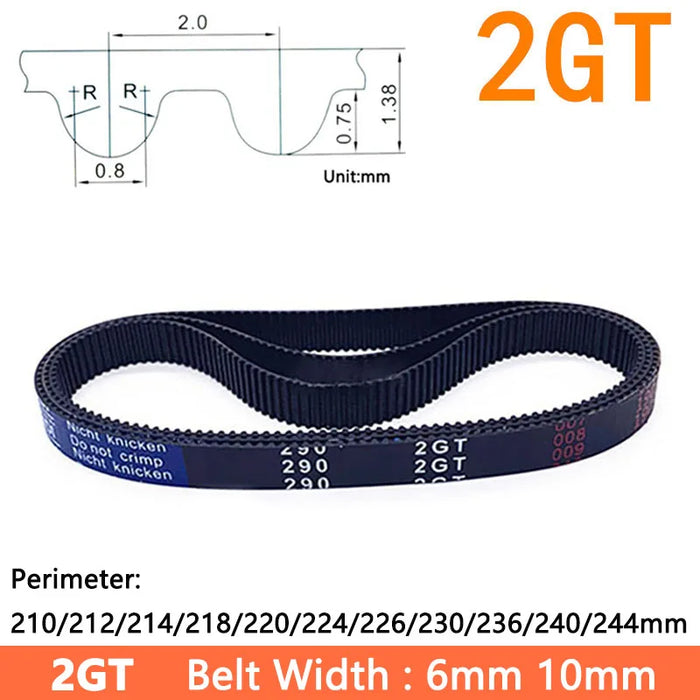 2GT GT2 Rubber Closed Loop Timing Belt – Perimeter 210mm to 244mm (8.27” to 9.61”)