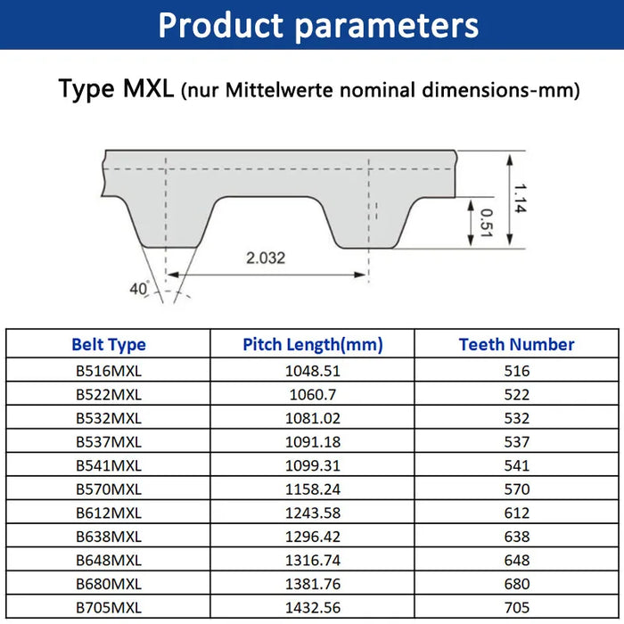 MXL Timing Belt - 6mm/10mm Rubber Closed Synchronous Belt, Pitch Length 1048.51 to 1432.56mm