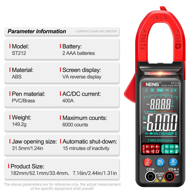 ST212 Digital Clamp Meter – 6000 Counts Auto Range AC/DC Current Clamp (60A/400A), AC/DC Voltage, NCV, Resistance, Capacitance, Frequency