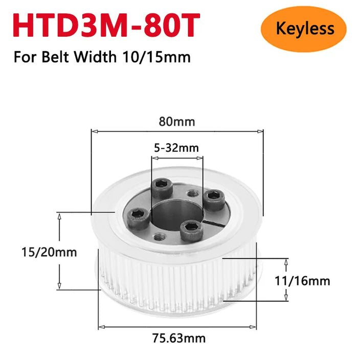 HTD3M 80 Teeth Keyless Timing Pulley 80T HTD-3M Expansion Sleeve