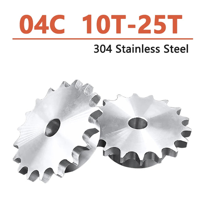 10-25 Tooth 04C Chain Gear - 304 Stainless Steel with Bore Sizes 6mm and 8mm