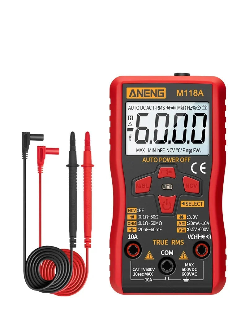 M118A Digital Mini Multimeter – 6000 Counts True RMS Auto Range, AC/DC 0.5–600V, NCV, Diode, Capacitance, Backlight & Flashlight