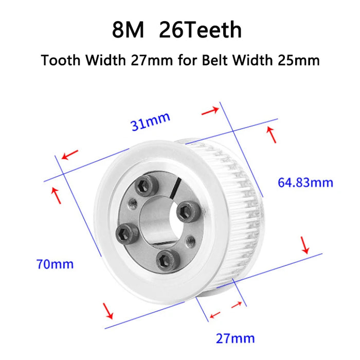 26T HTD 8M Timing Pulley 8/9/10/11/12/14/15-25mm Bore Keyless Bushing