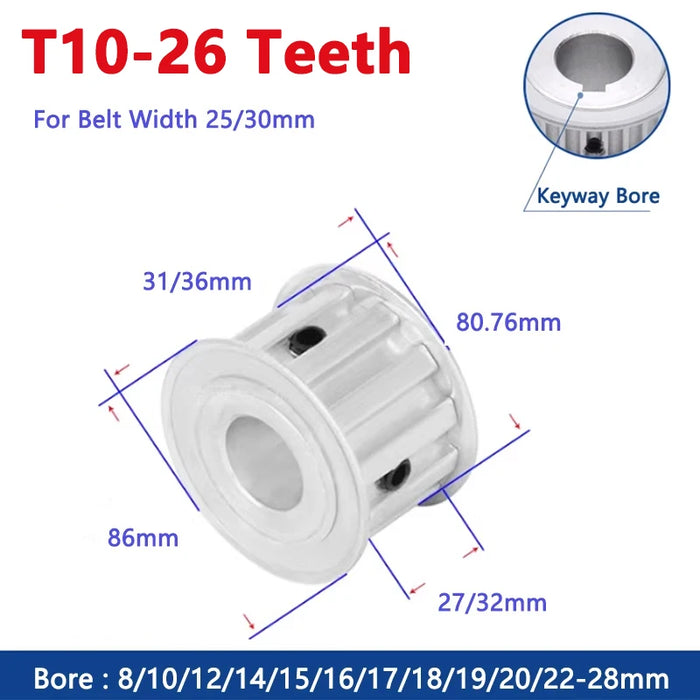 26 Zähne T10 Zahnriemenscheibe 26T Aluminium Synchronrad für 