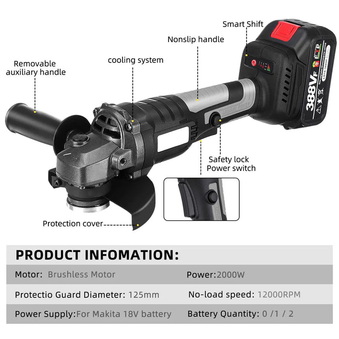 Drillpro 125MM Brushless Angle Grinder – Cordless Grinding Machine (For 18V Battery)