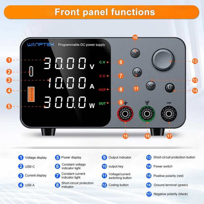 TPS Adjustable DC Bench Power Supply 30V–160V with USB-A & USB-C Digital Display Voltage Regulator