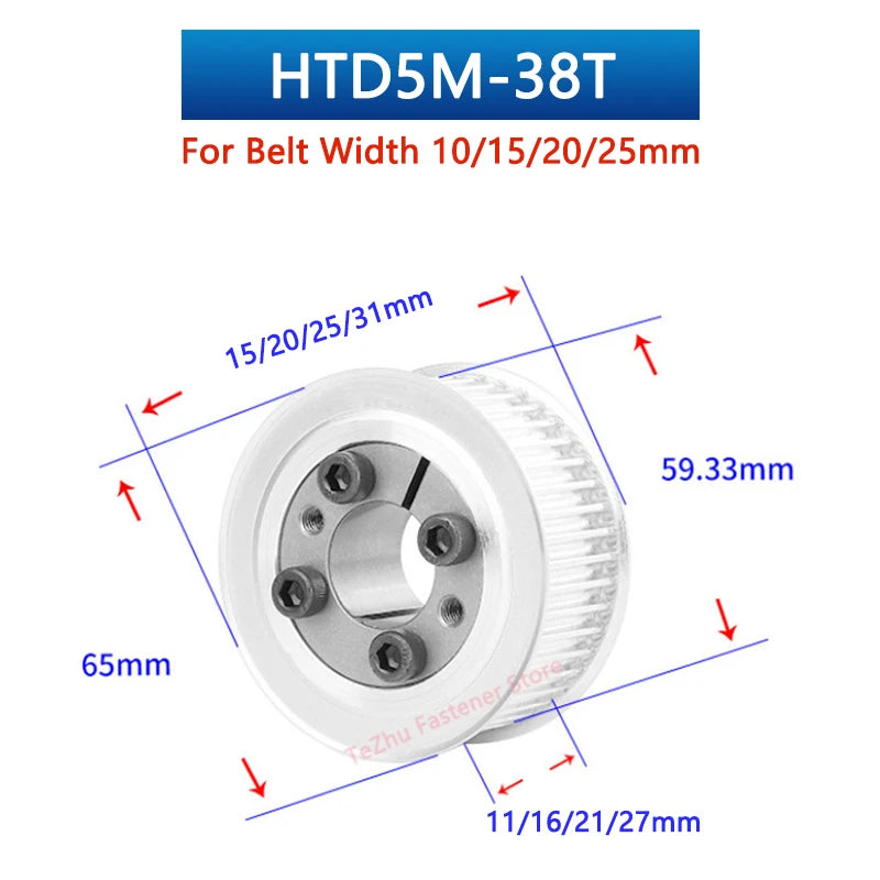 HTD5M 38 Teeth Timing Pulley – Keyless Bushing Bore 5 to 28mm
