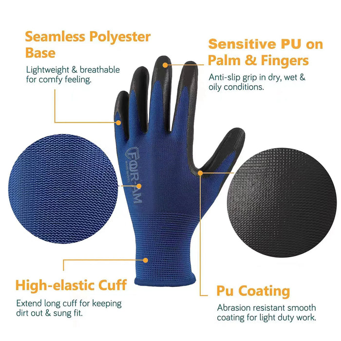 12 pares de guantes de trabajo recubiertos de PU ultrafinos, excelente agarre, carcasa de nailon 