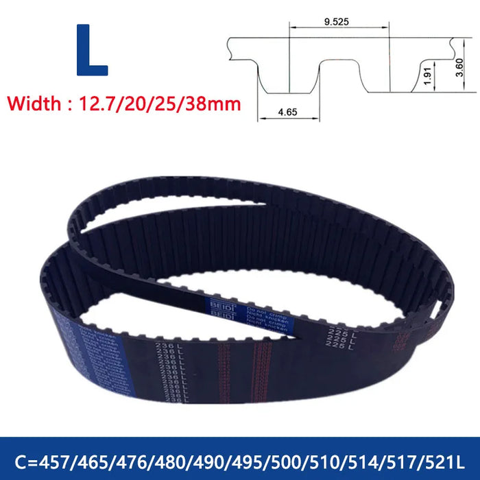 L Timing Belt - 457L to 521L - Rubber Closed Loop Synchronous Belt