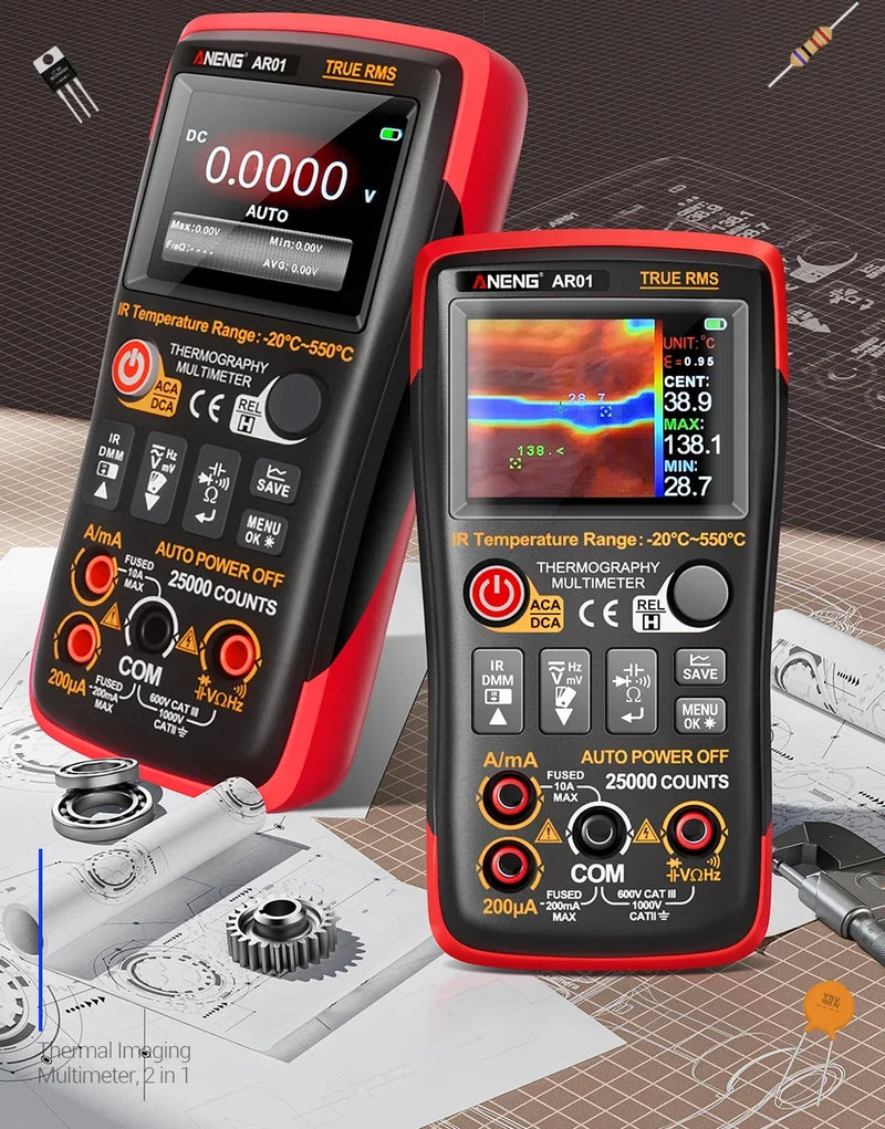 AR01 Smart Thermal Imager Multimeter – 2-in-1 Thermal Camera + 25000-Count True Meter, AC 750V / DC 1000V, 10A, 250MΩ, TFT Display, USB Rechargeable
