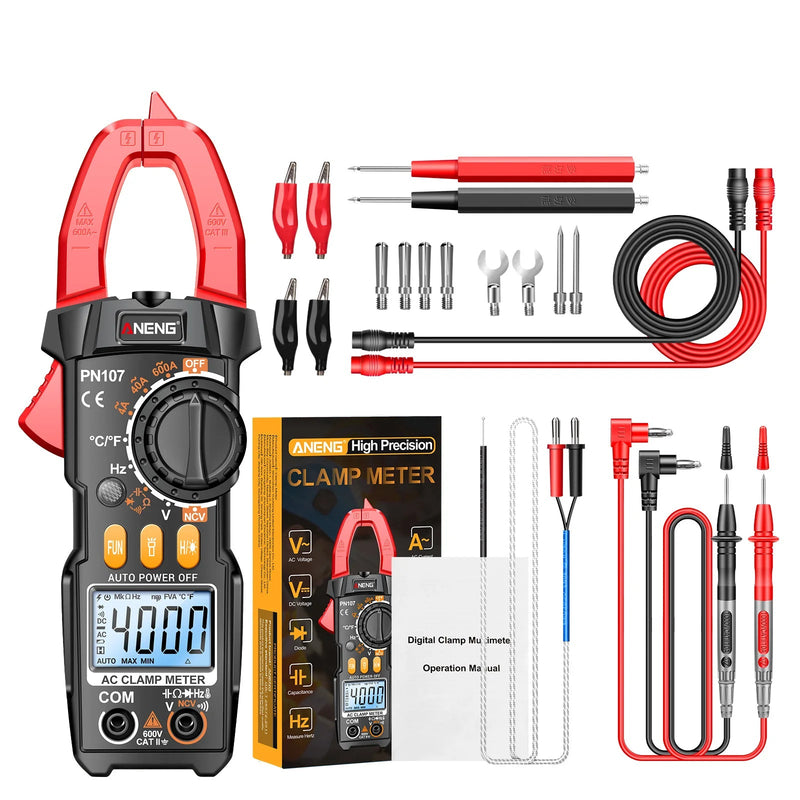 PN107 Digital Clamp Meter – 600A AC Current Clamp, AC/DC Voltage 600V, Resistance, Capacitance, Frequency, Temperature, NCV, Backlight & Flashlight
