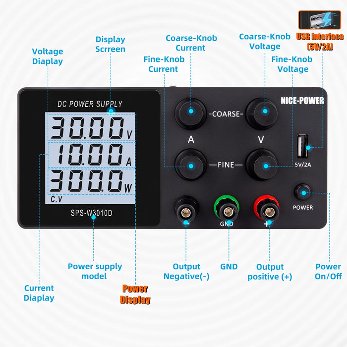 NICE-POWER Digital USB DC Lab Power Supply, Regulated with LCD