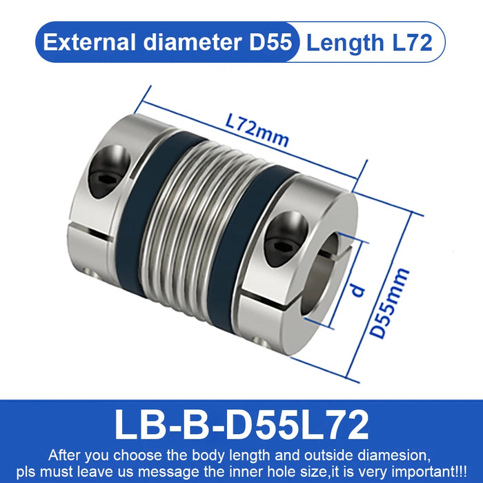 Shaft Coupling LB D55L57/72 - Bellows Flexible Motor Coupler for CNC Applications