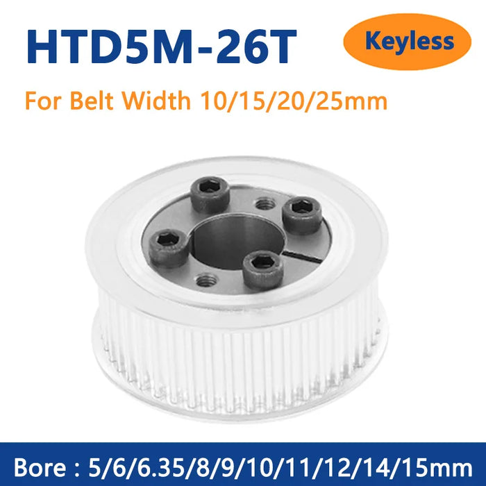 HTD5M 26 Teeth Timing Pulley – Keyless Bushing Bore 5, 6, 6.35, 8, 9, 10, 11, 12, 14, 15mm