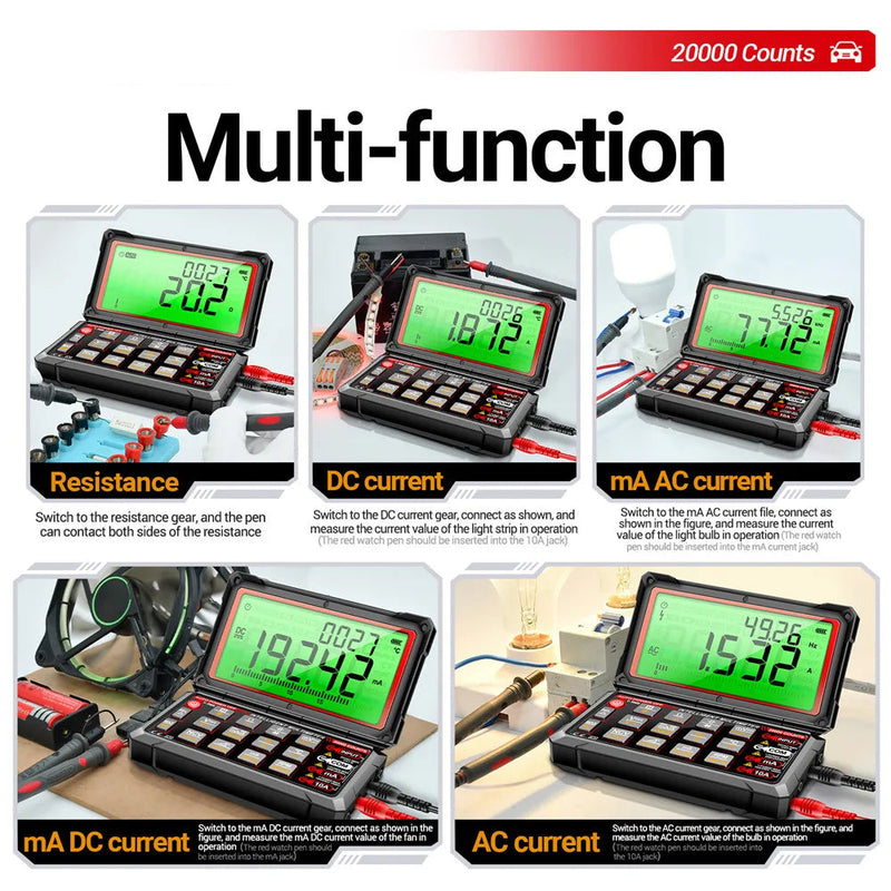 623 Digital Car Multimeter – 20000 Counts True RMS, AC/DC 1000V, 10A, RPM & Dwell, Pulse Width (ms), Duty Cycle, NCV, Capacitance, Temperature, Rechargeable