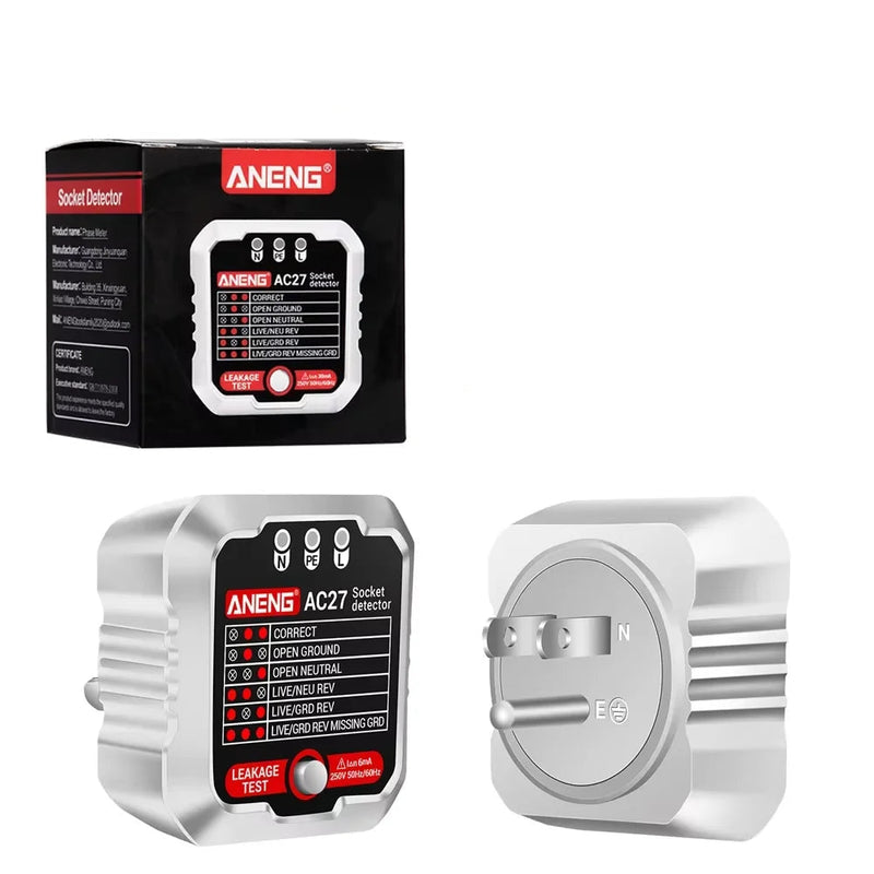 AC27 / AC28 Digital Socket Tester – Polarity Detector, Voltage Test, RCD 30mA Test, Circuit Breaker Finder Support (EU/US Plug)