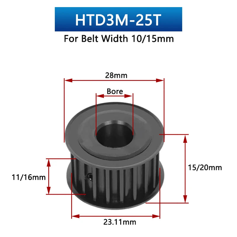 HTD3M 24 25 dientes negro 45# polea de sincronización de acero HTD-3M 24T 25T 