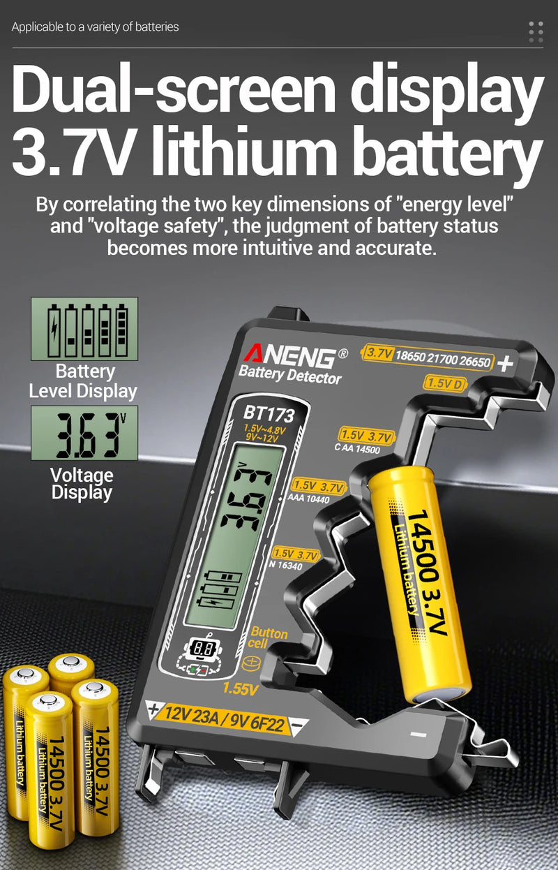 BT173 Universal Battery Tester – AA AAA C D N 9V and Button Cell Battery Meter with LCD Level Display