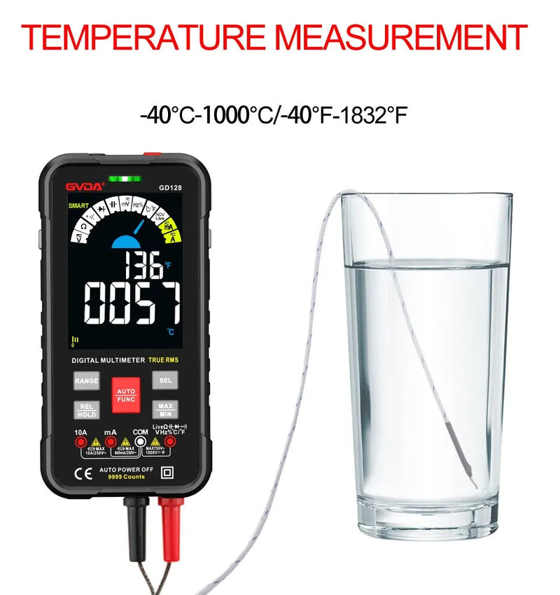 GD128 Smart Digital Multimeter – 9999 Counts True RMS Auto Range, AC 750V / DC 1000V, 9.99A, NCV/Live Test, Capacitance, Frequency, Duty, REL, MAX/MIN/AVG