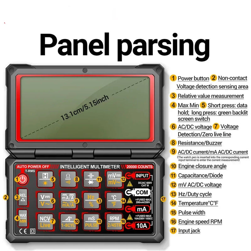 623 Digital Car Multimeter – 20000 Counts True RMS, AC/DC 1000V, 10A, RPM & Dwell, Pulse Width (ms), Duty Cycle, NCV, Capacitance, Temperature, Rechargeable