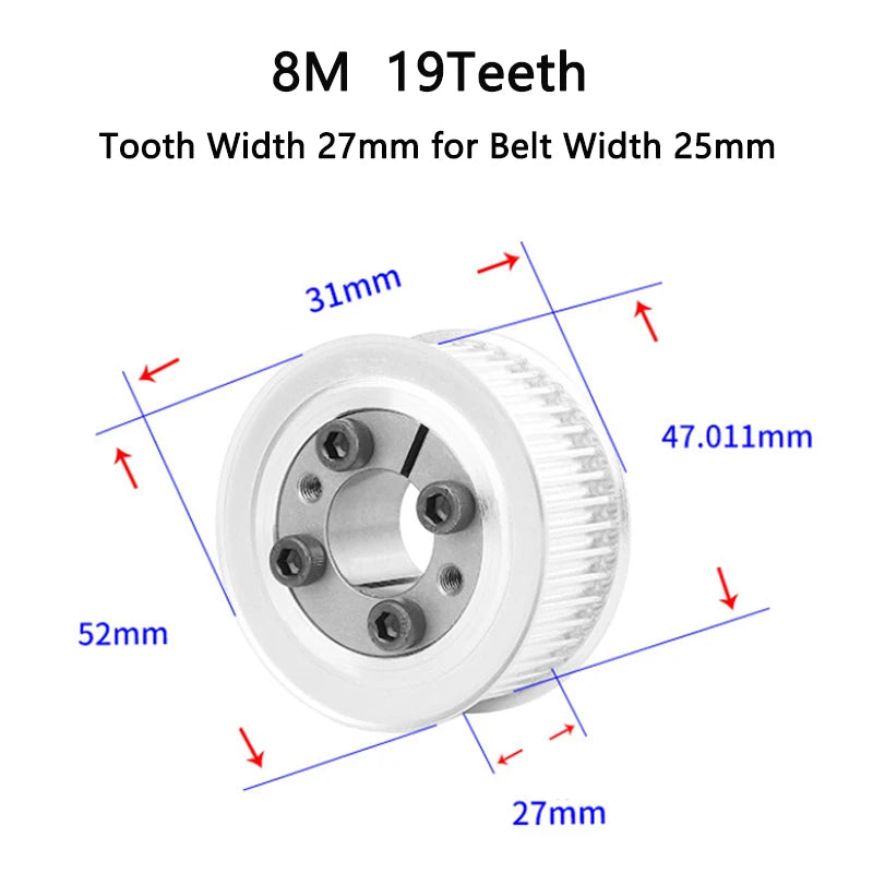 HTD 8M 19T Timing Pulley 8/9/10/11/12/14/15mm Bore Keyless Bushing 19