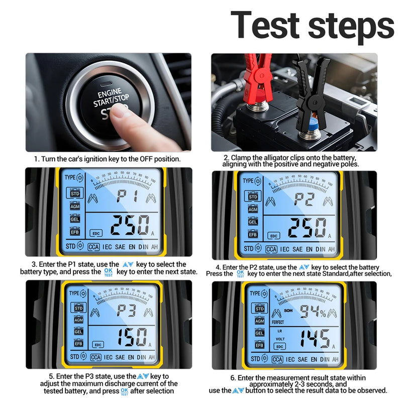 BT175 Car Battery Tester – 12V/24V Lead-Acid Battery Analyzer (8–36V) with CCA, Internal Resistance, SOC/SOH, Alternator/Charging Check, Insulated Alligator Clips
