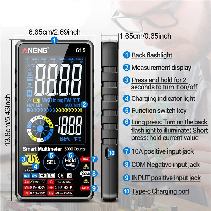 615 Rechargeable Smart Digital Multimeter – 6000 Counts Touch Screen, AC/DC 600V, 10A, NCV, Frequency to 60MHz, Resistance 60MΩ, Capacitance 60mF, Temperature, CAT III 600V