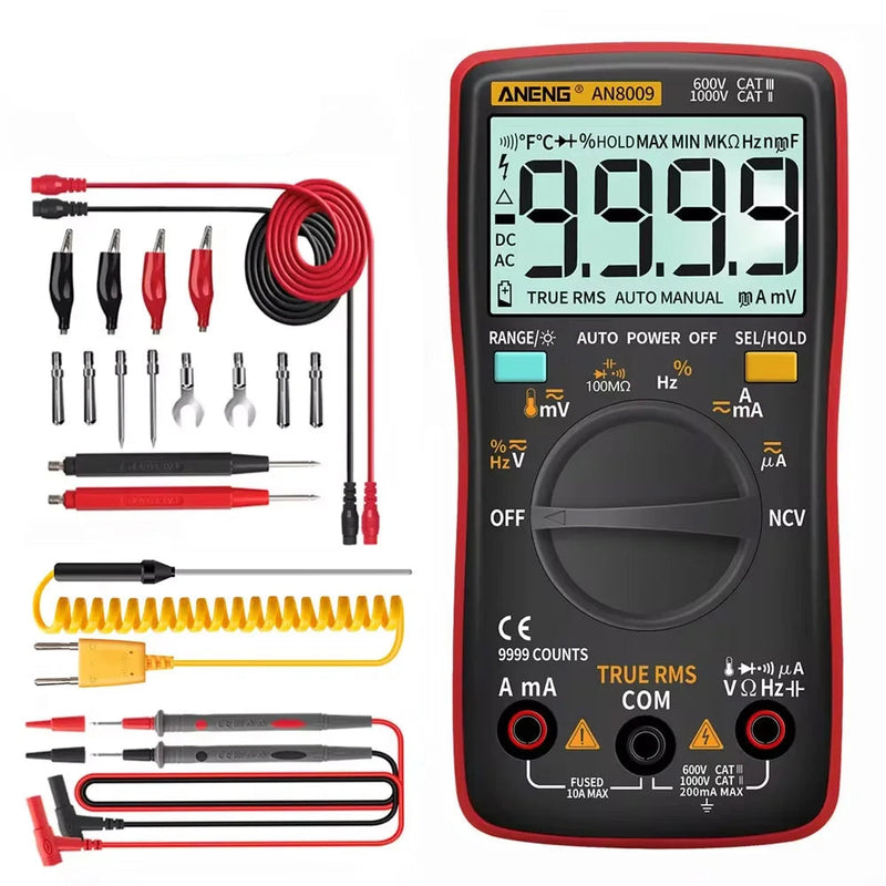 AN8009 Digital Multimeter – True RMS, 9999 Counts Auto/Manual Range, AC/DC Voltage & Current, Capacitance, Resistance, Frequency, Temperature, NCV, Diode, Continuity, hFE