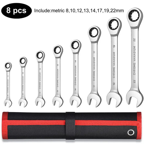 Metric Ratcheting Wrench Set – Combination Ring Ended Gear Spanner Kit with Rolling Pouch, CR-V Full Polished