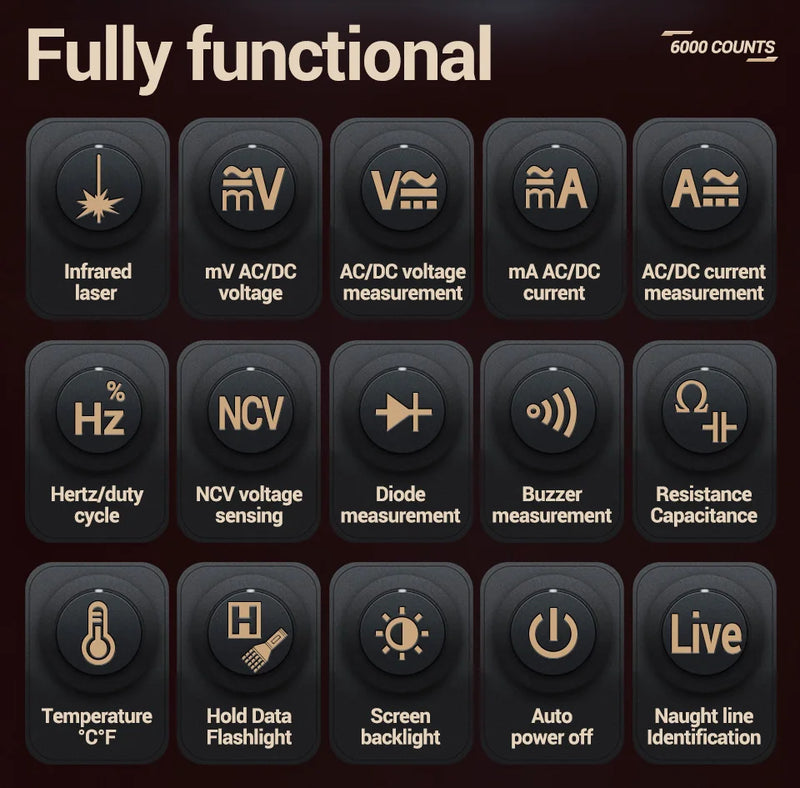 622A Smart Digital Multimeter 6000 Counts with Infrared Laser – Auto Range True RMS, 10A, NCV, Capacitance, Hz, Temperature
