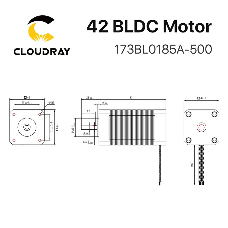 Motor BLDC Cloudray Nema17 77,5W 42mm Trifásico 4000Rpm 24VDC Cuadrado 