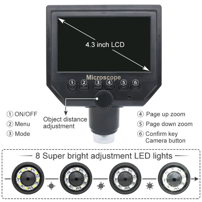 600x 3,6MP Digitalmikroskop Aluminiumlegierung Ständer 4,3 Zoll HD LCD 