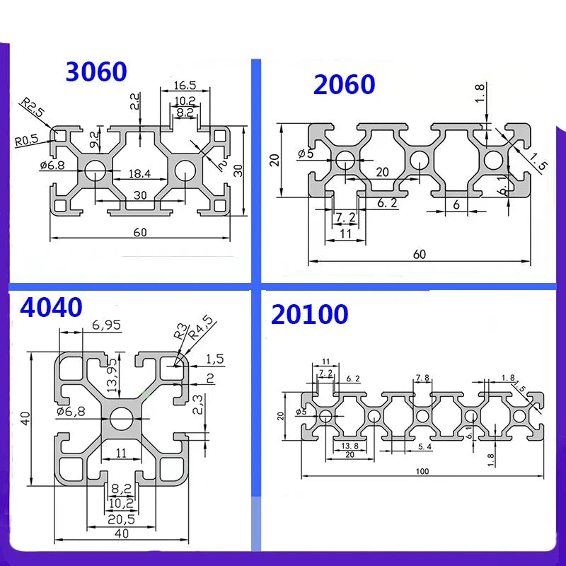 2020 2040 2060 3030 3060 4040 2080 20100 Perfil de aluminio con ranura en T