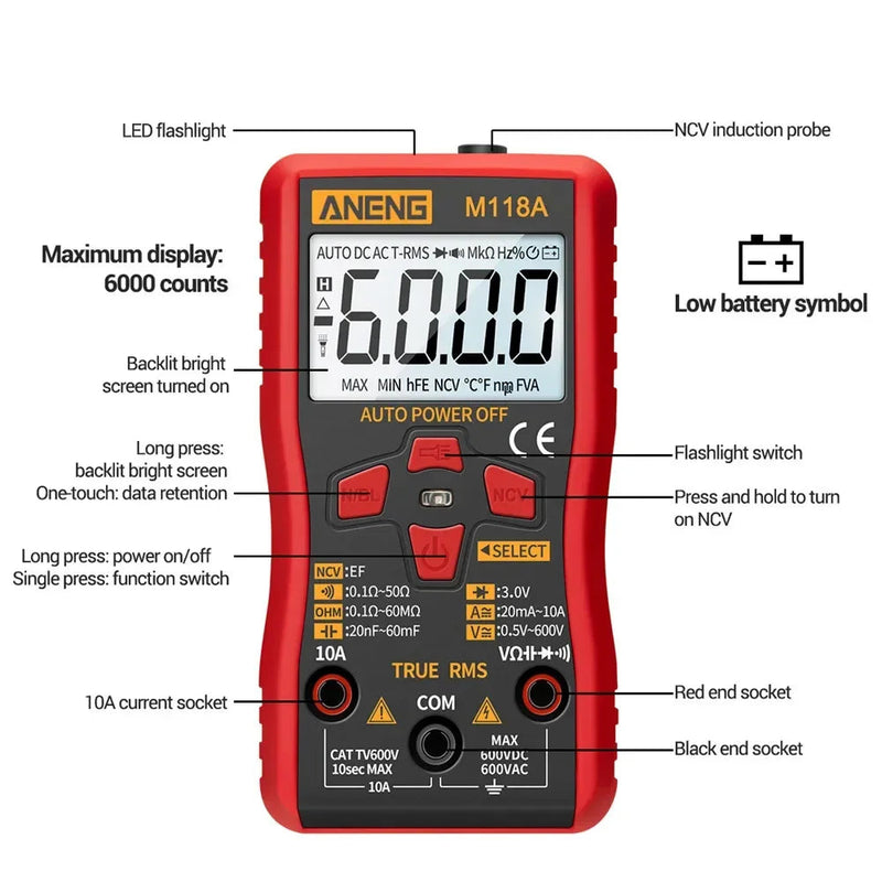M118A Digital Mini Multimeter – 6000 Counts True RMS Auto Range, AC/DC 0.5–600V, NCV, Diode, Capacitance, Backlight & Flashlight