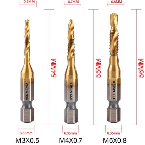 1/6 PCS Tap Drill Bit Set - Hex Shank Titanium Plated HSS Screw Thread Metric Taps