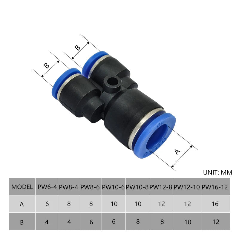 PW Y-Type Pneumatic Reducing Tee – Push-In Hose Connector 4–16mm (6 - 30PCS)