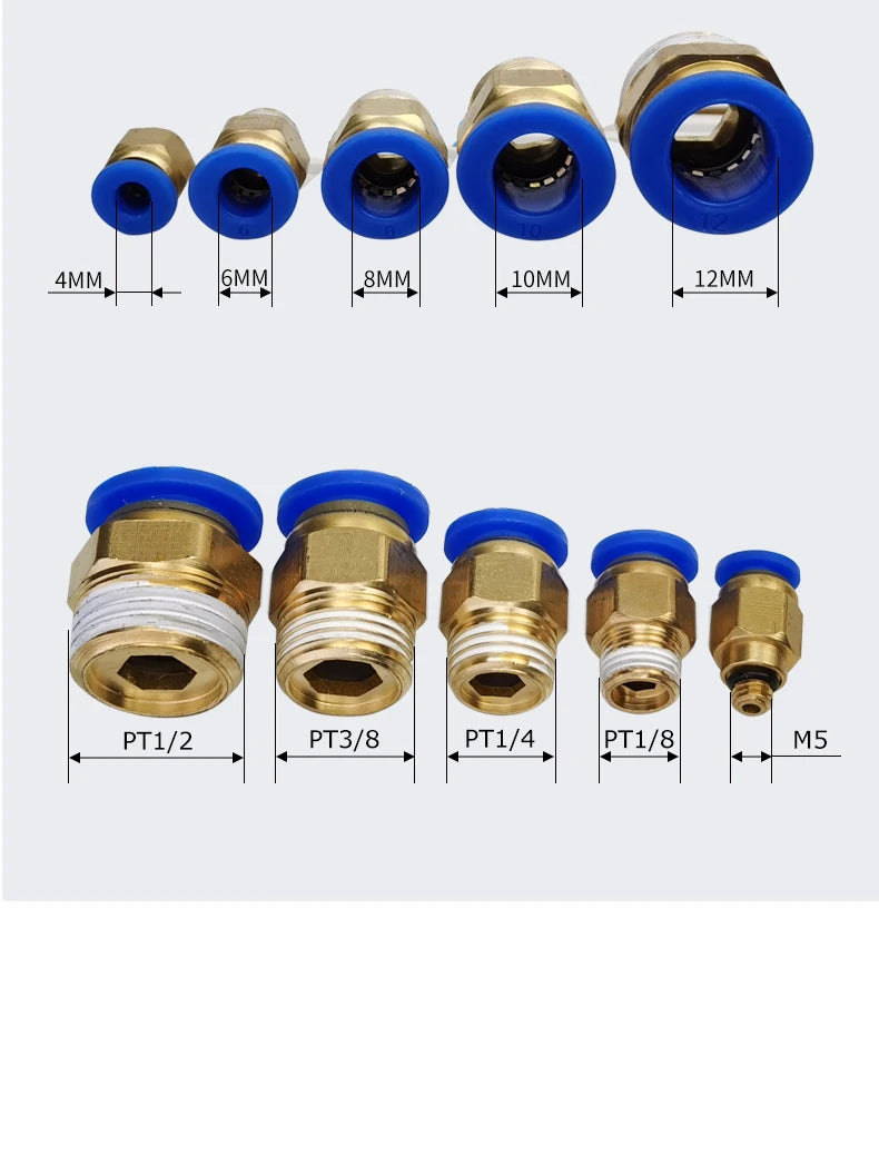 50PCS PC Series Pneumatic Fittings – 1/8" 1/4" 3/8" 1/2" Male Thread Air Connector (PC4/6/8/10/12)