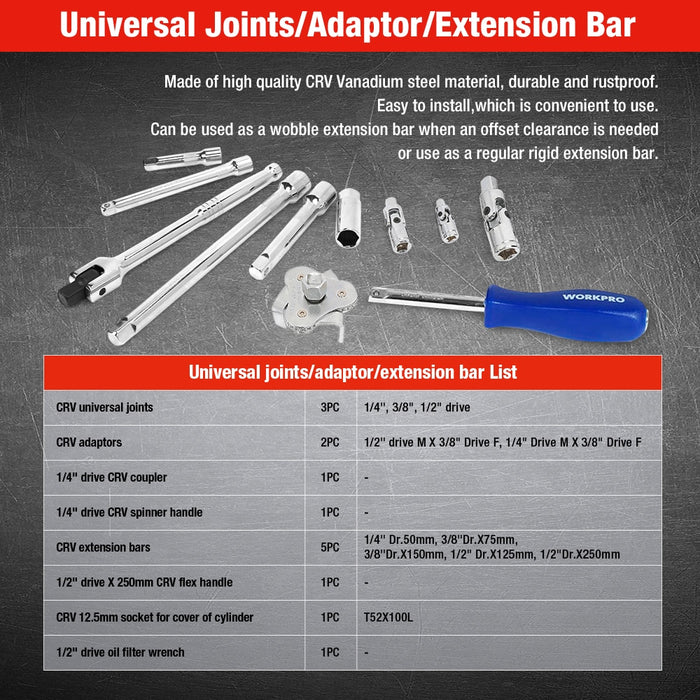 Juego de herramientas WORKPRO, herramientas manuales para reparación de automóviles, llave inglesa de trinquete